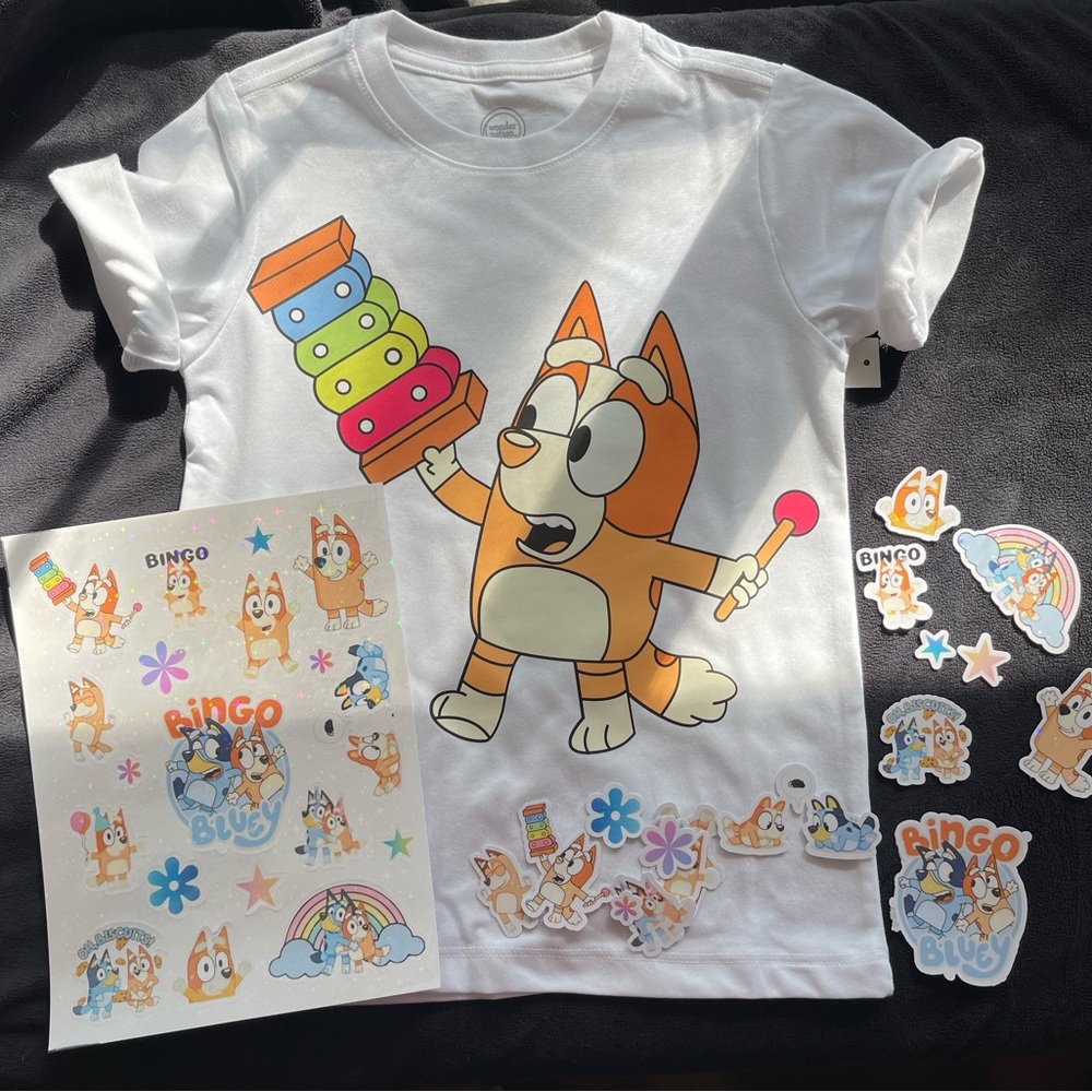Bingo Bluey Kids T-Shirt with Matching Sticker Pack (Any Size)